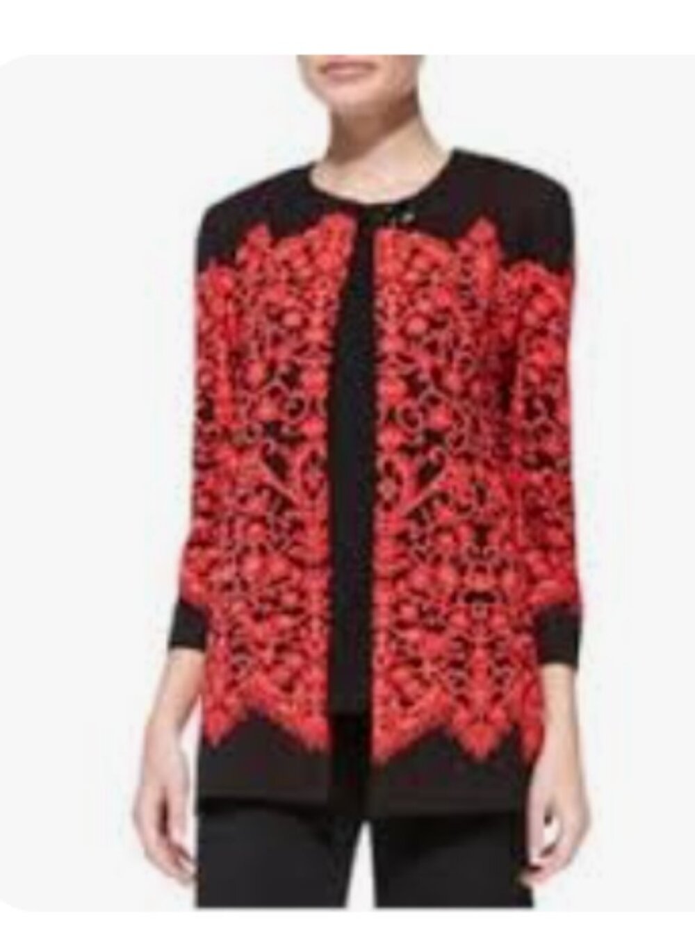 MISOOK Red Black Lacy Knit Pattern One Button Long Sweater Jacket size 2x